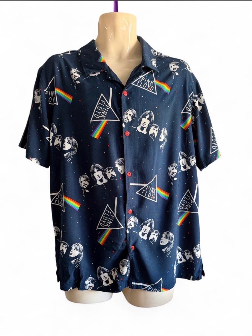 Pink Floyd Navy Short-Sleeve Button-Down Shirt with Rainbow Prism Print